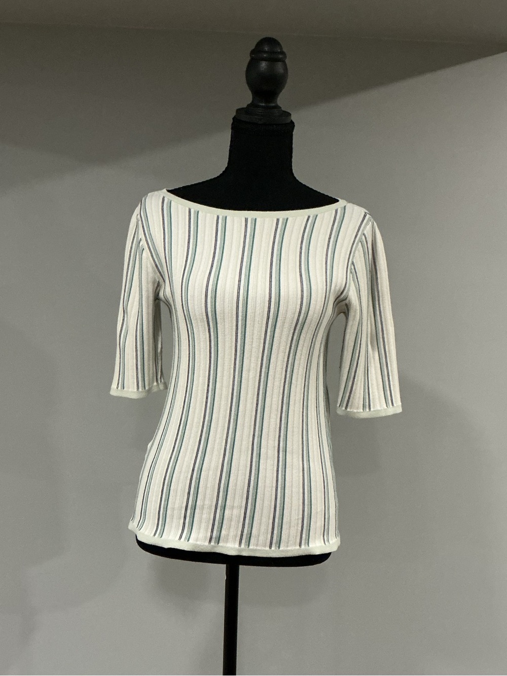 Ann Taylor White Top with Green and Gray Vertical Stripes
